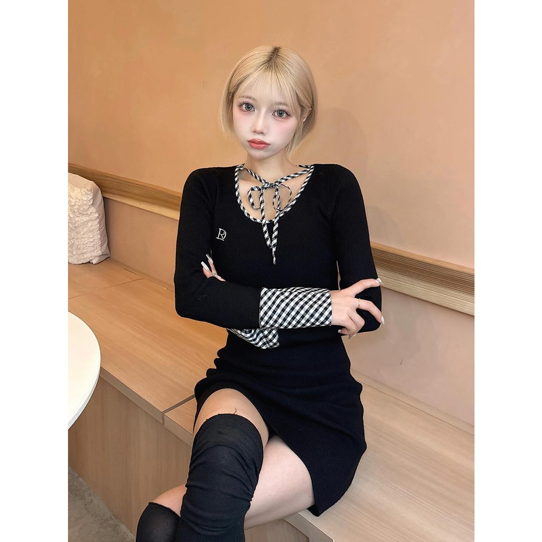 ダーリッチ Darich チェックリボンニットミニワンピース （ブラック