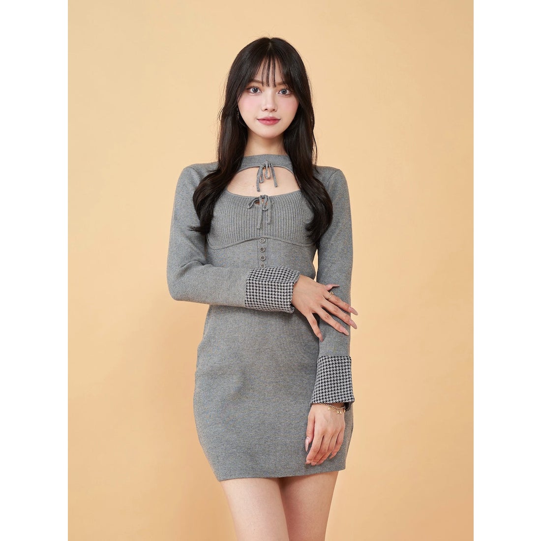 Darich ウエストオープンリボンデザインニットミニワンピース グレー F