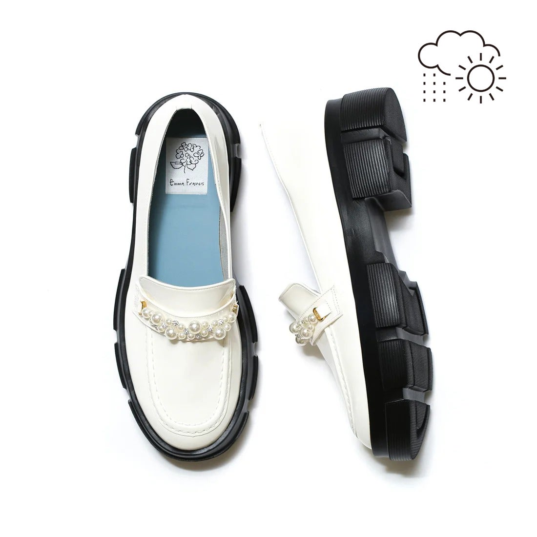 レイン対応】トラックソール ビジューローファー （ホワイト エナメル