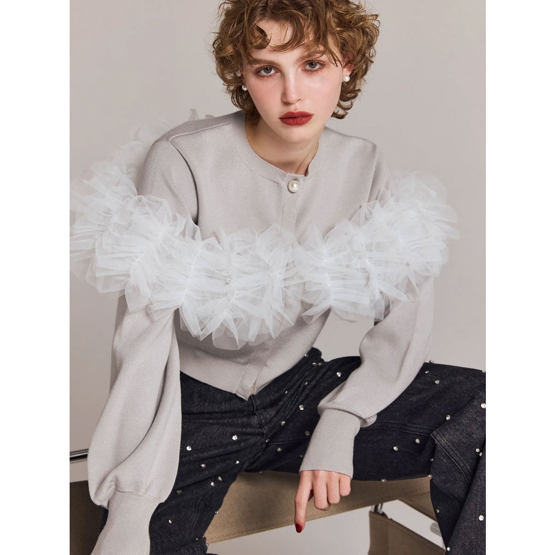 エイミーイストワール EIMY ISTOIRE チュールフリルニットカーディガン