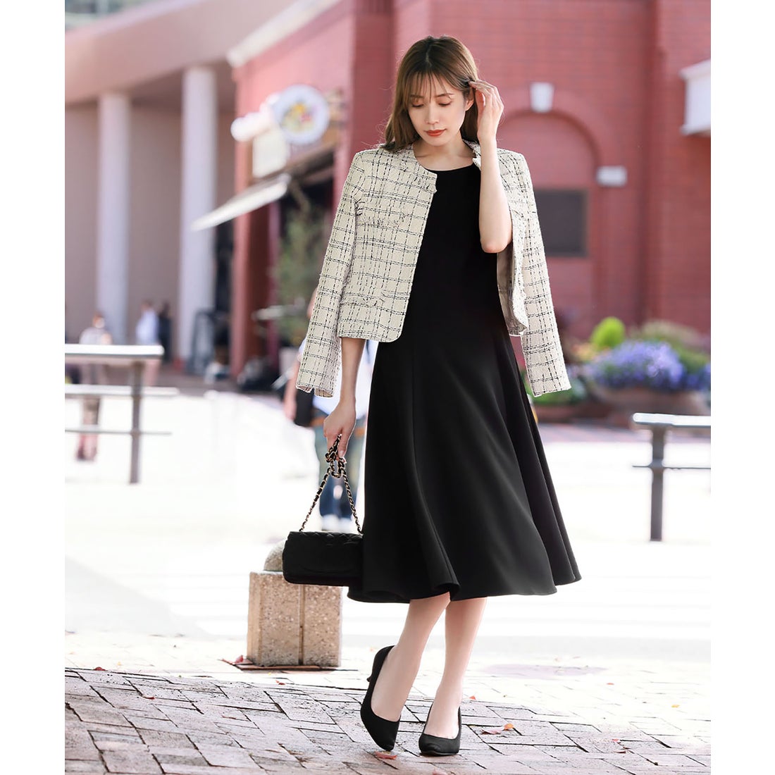 フロリア Flolia チェック柄ツイードノーカラージャケット フレア