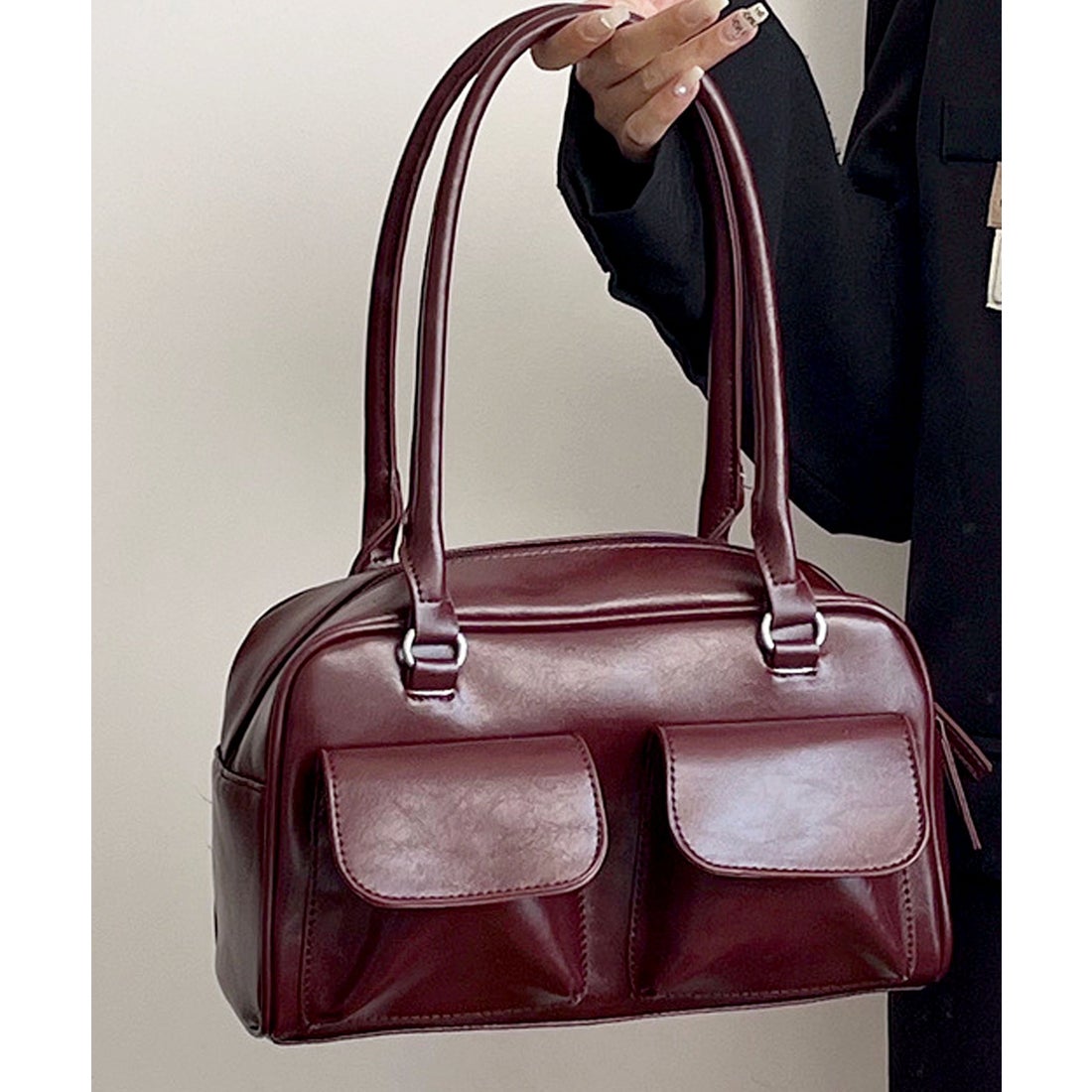 フロージュ florge フラップダブルポケットのレザータッチボストン