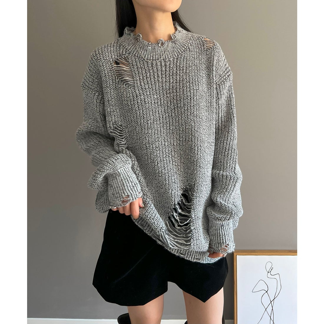 ジュエローブ Jewelobe ビッグシルエットダメージニット （グレー