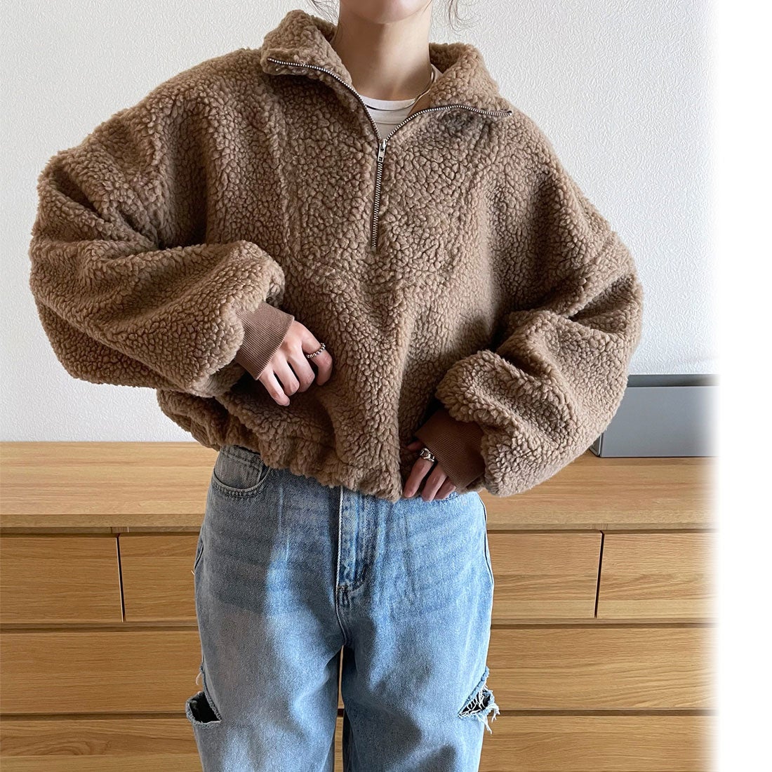 ジュノア JUNOAH ボアハーフジップショートプルオーバー （ライト