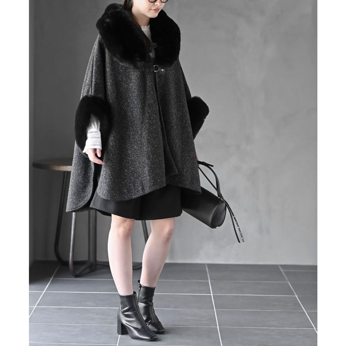 アールピーエス rps フェイクファーポンチョコート （ブラック） -靴