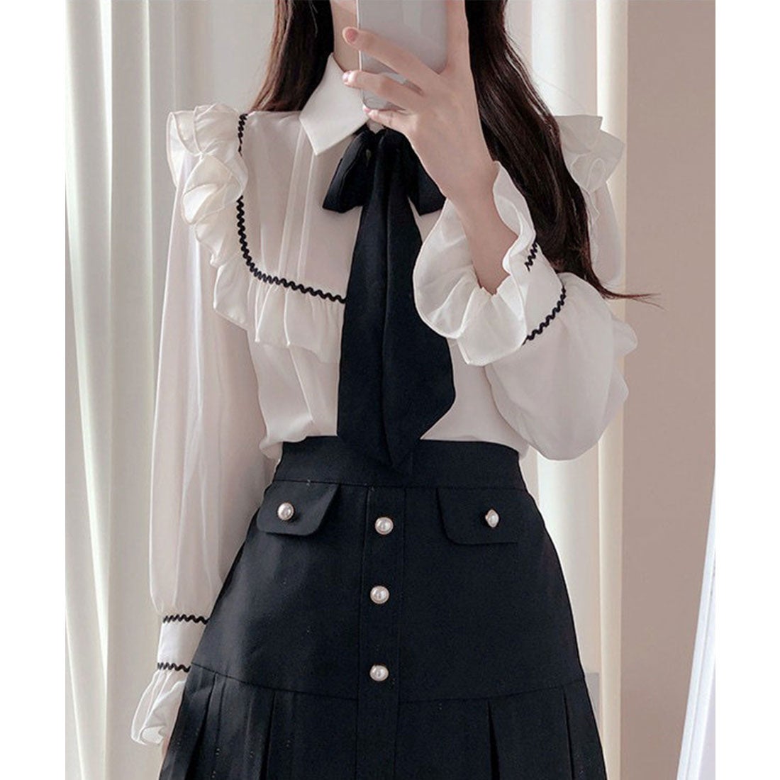 レースレディース Lace Ladies フリル 配色 リボン付き シャツ