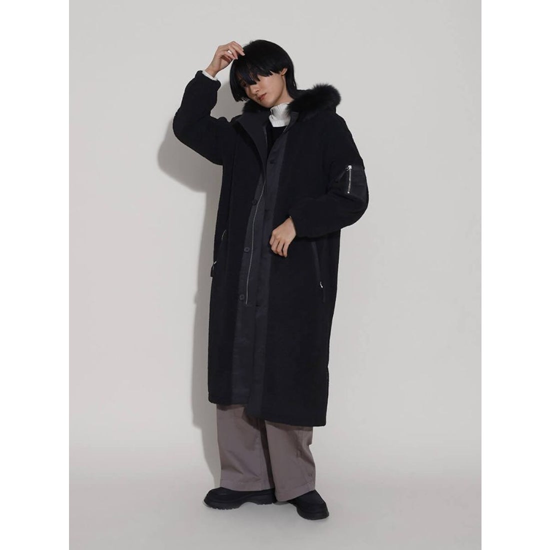 ラシュッド LASUD ファーフーデッドボアコート （ブラック