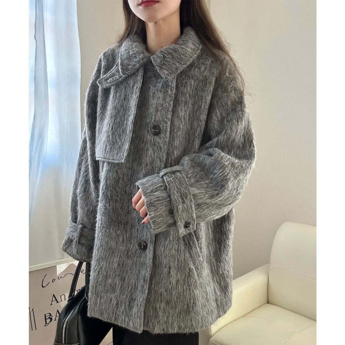 ラウアー LAUIR ボリュームスリーブシャギーステンカラーコート