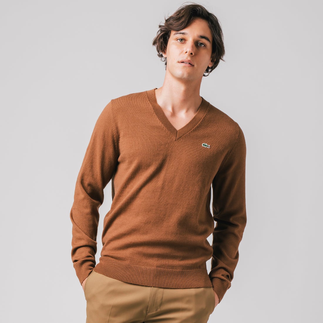 ラコステ LACOSTE Karl Karl Vネックニットセーター （ライトブラウン