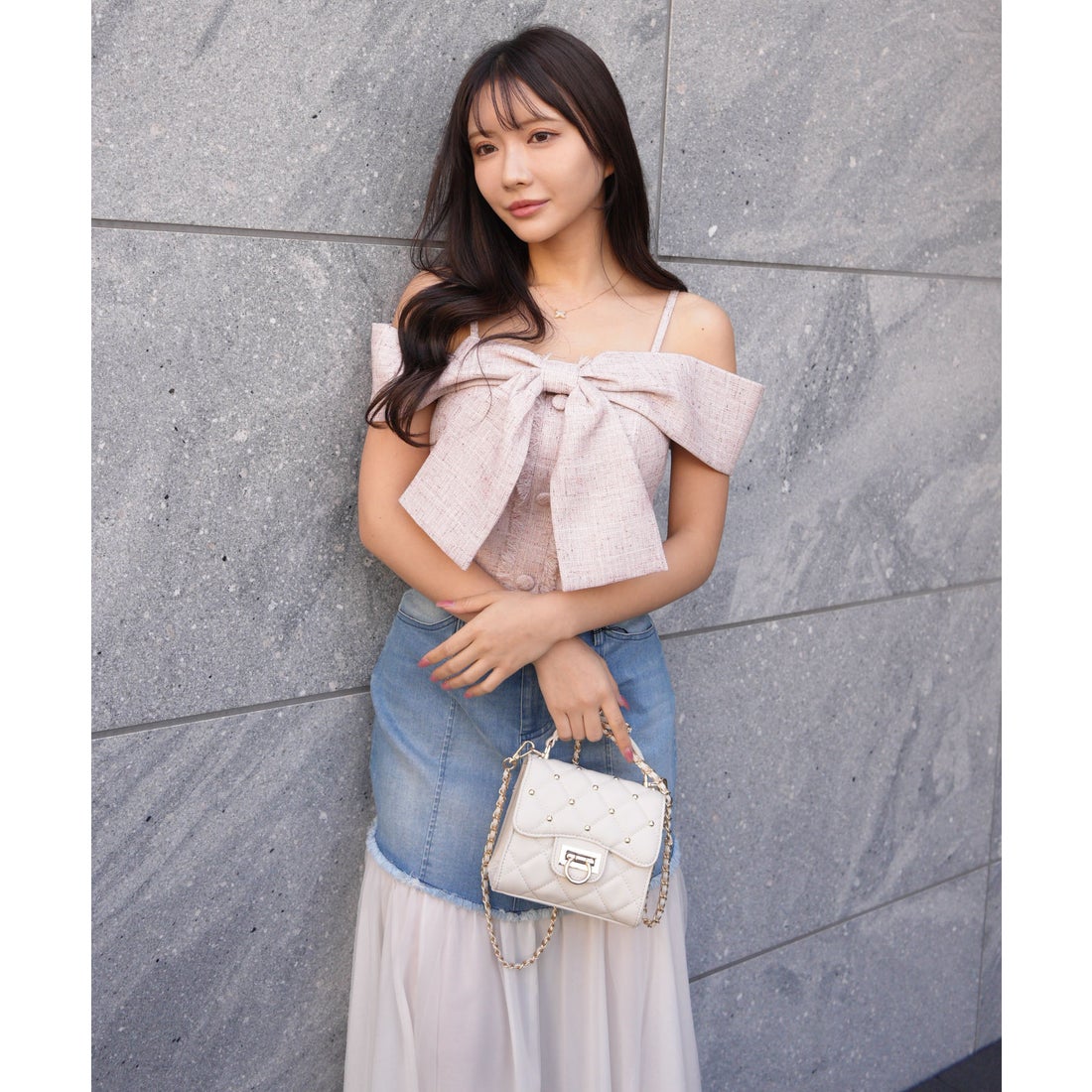 リップサービス LIP SERVICE ツイードリボンオフショルトップス