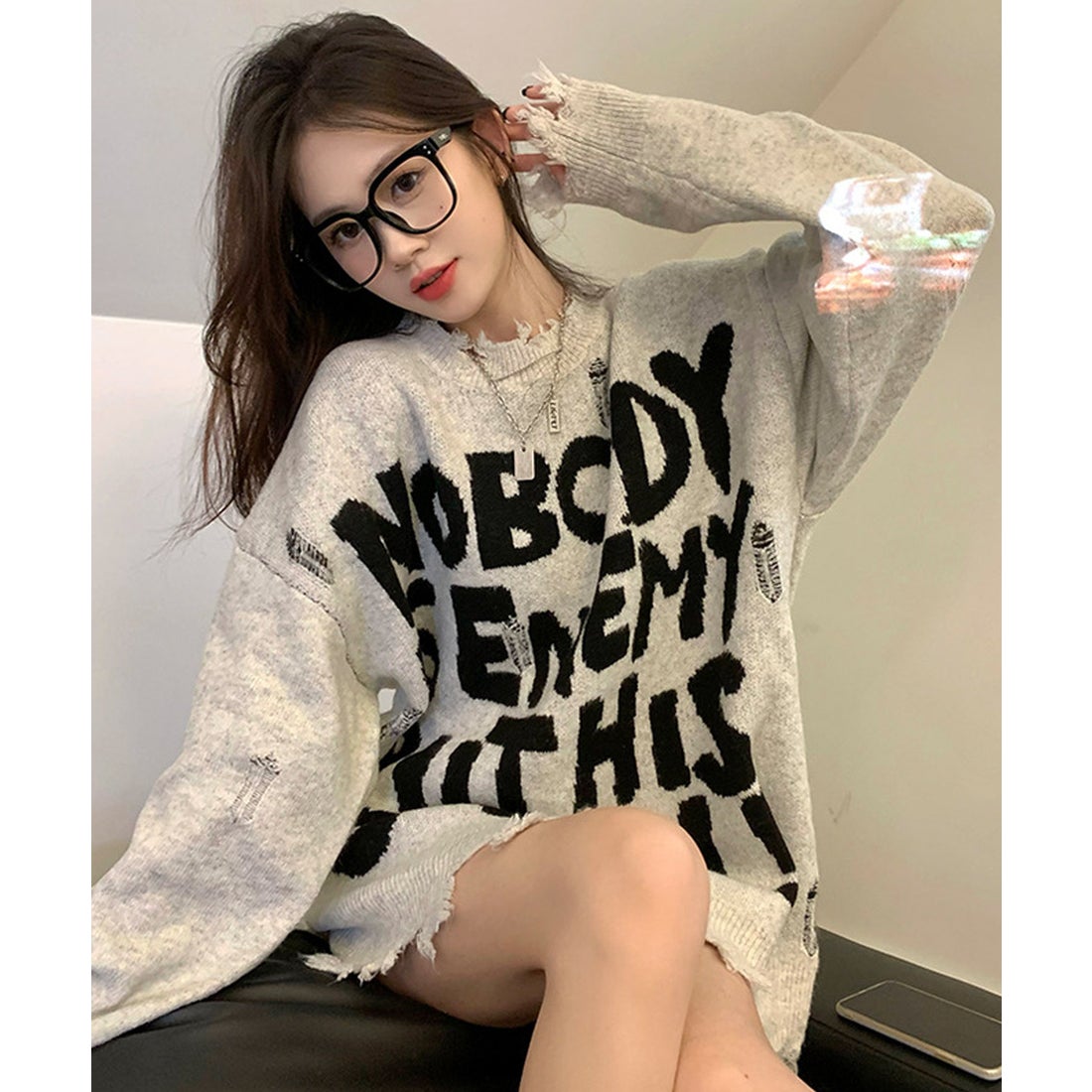 ショップニコニコ ShopNikoNiko レタリング ダメージ加工 ビッグニット