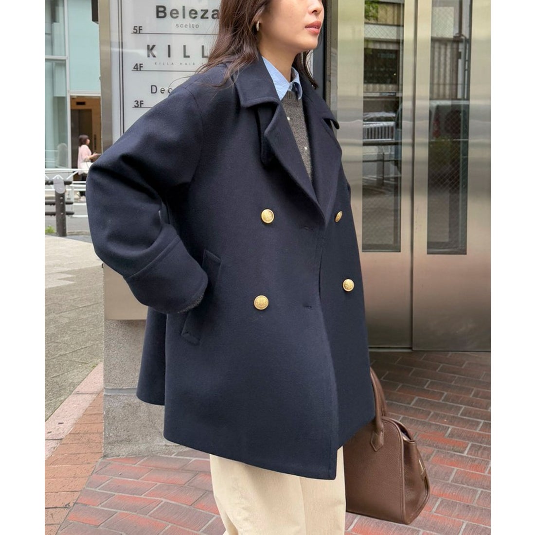 フレディエミュ fredy emue ウール混ミドル丈Pコート （ブラウン