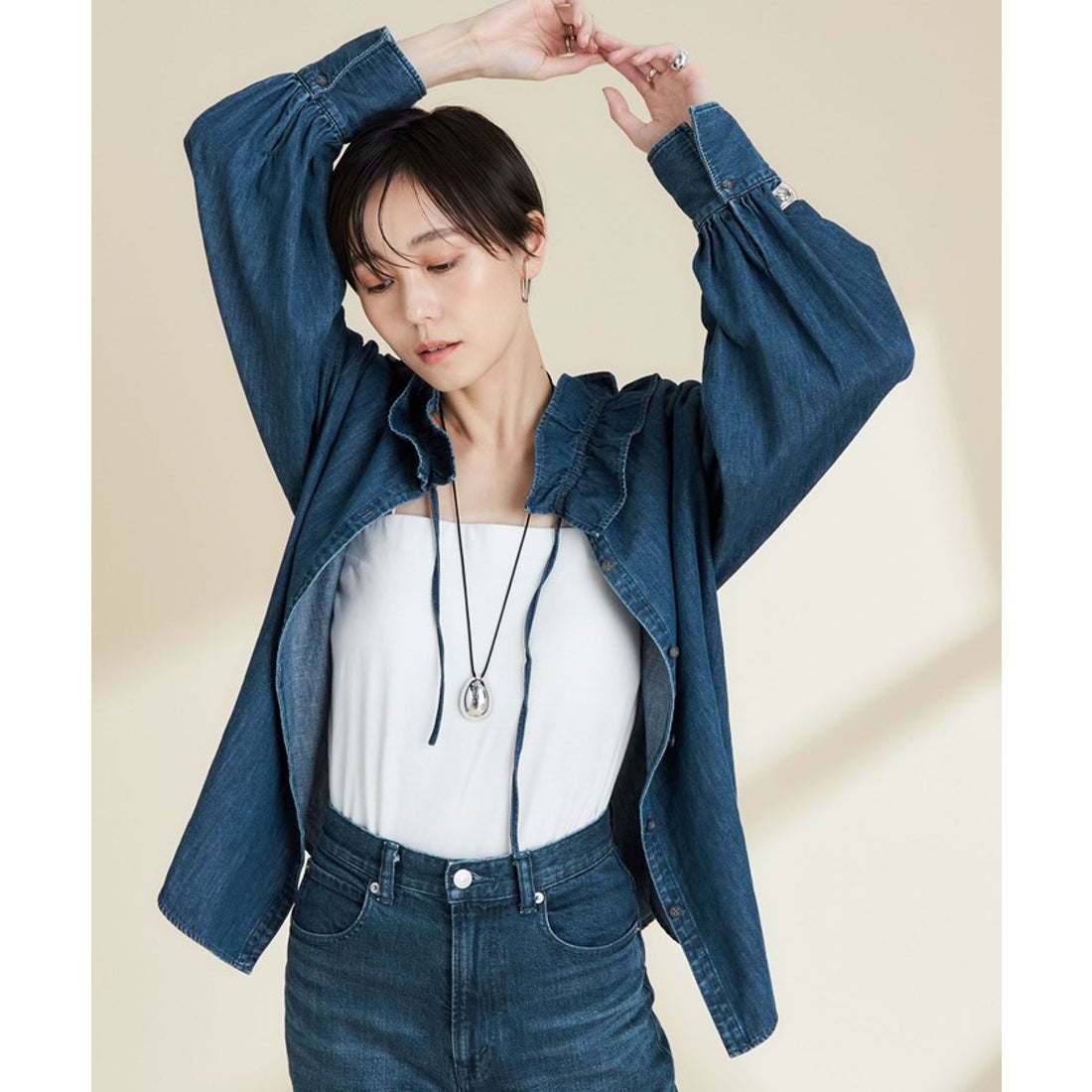 リエミラー Rie Miller フリルギャザーデニムブラウス （インディゴ