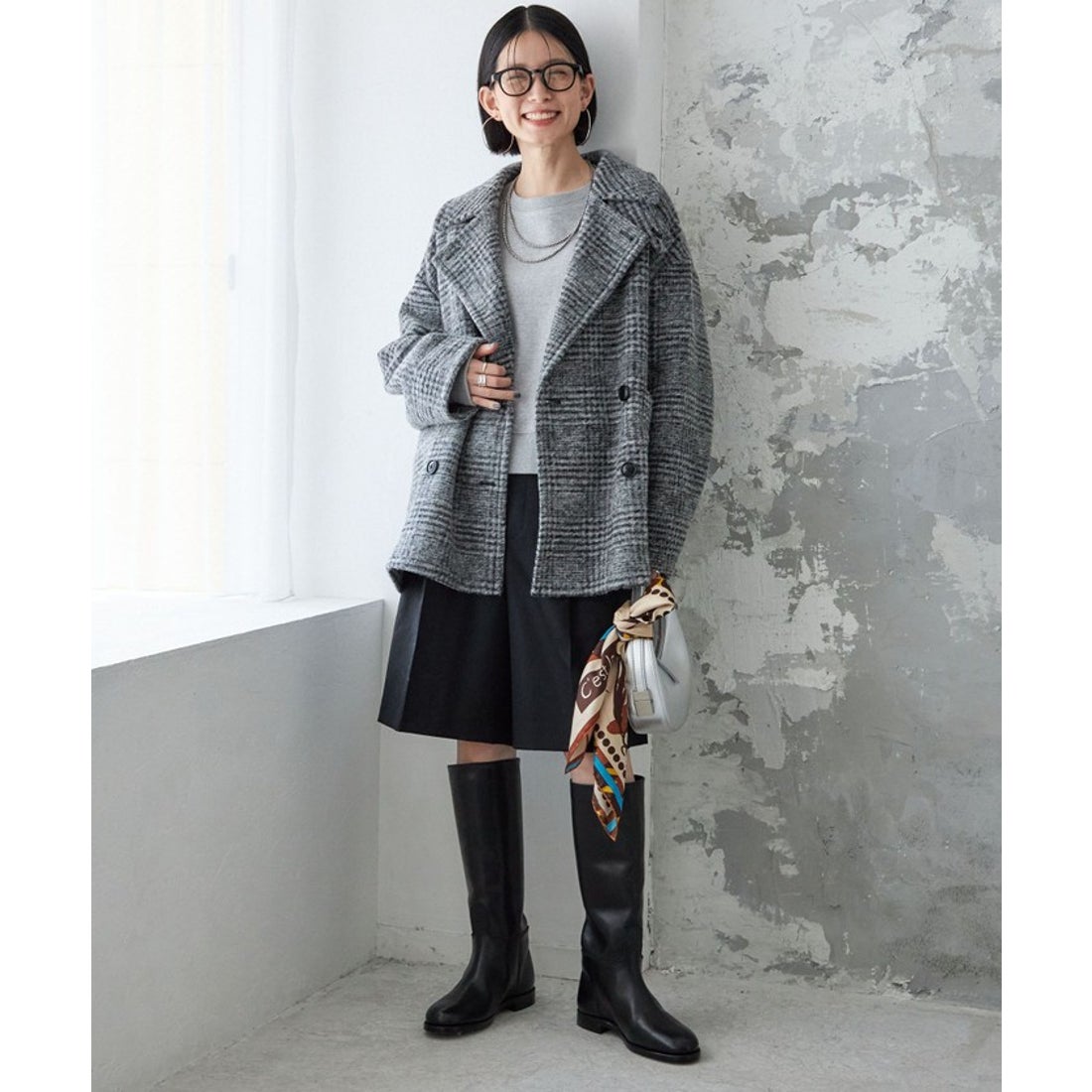 シップス SHIPS スライバー チェック ショート Pコート （ブラック