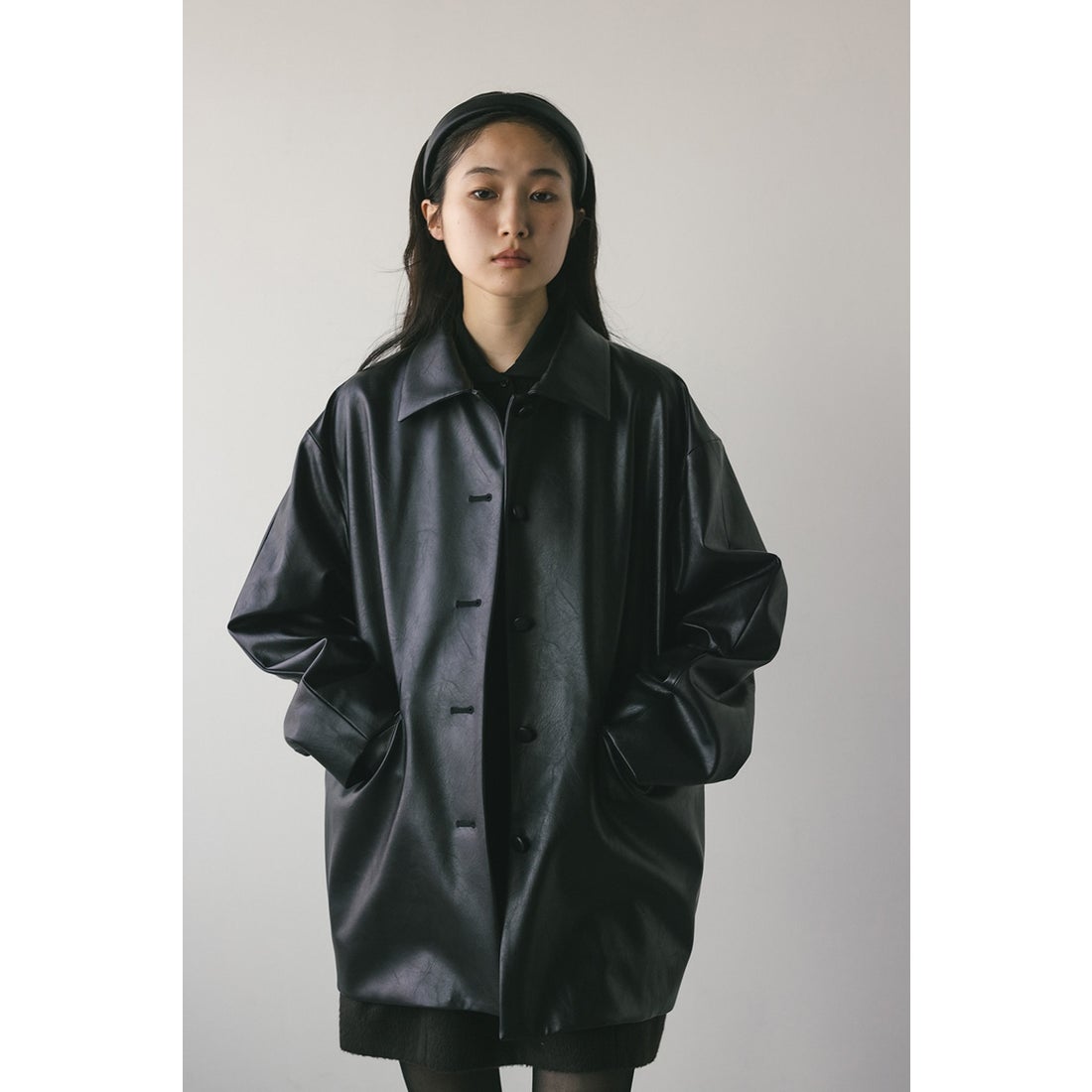 STYLEMIXER ステンカラーフェイクレザージャケット BLK -ファッション