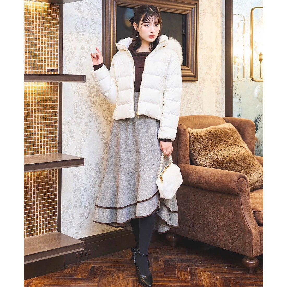 スウィングル SWINGLE FOXファー付エレガンスショートダウンコート