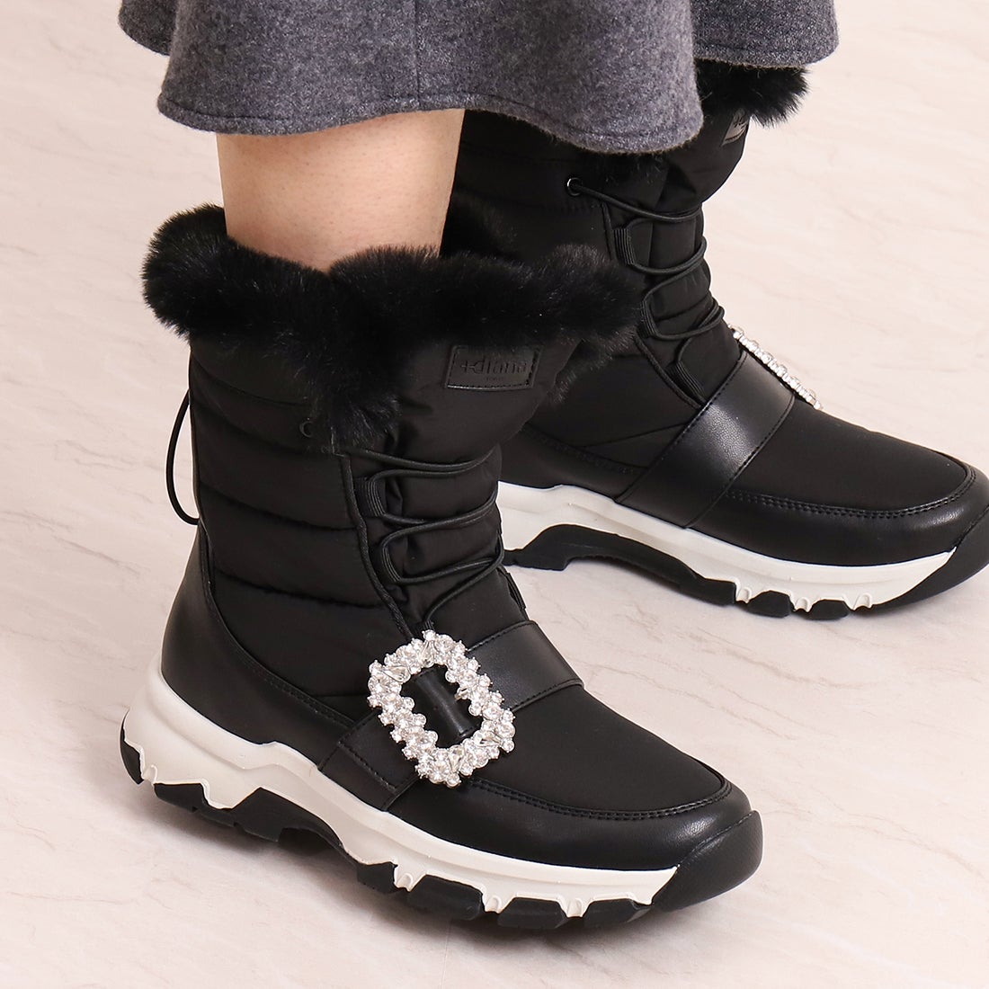 プラスダイアナ ＋diana クリスタルバックル ミドル丈スノーブーツ