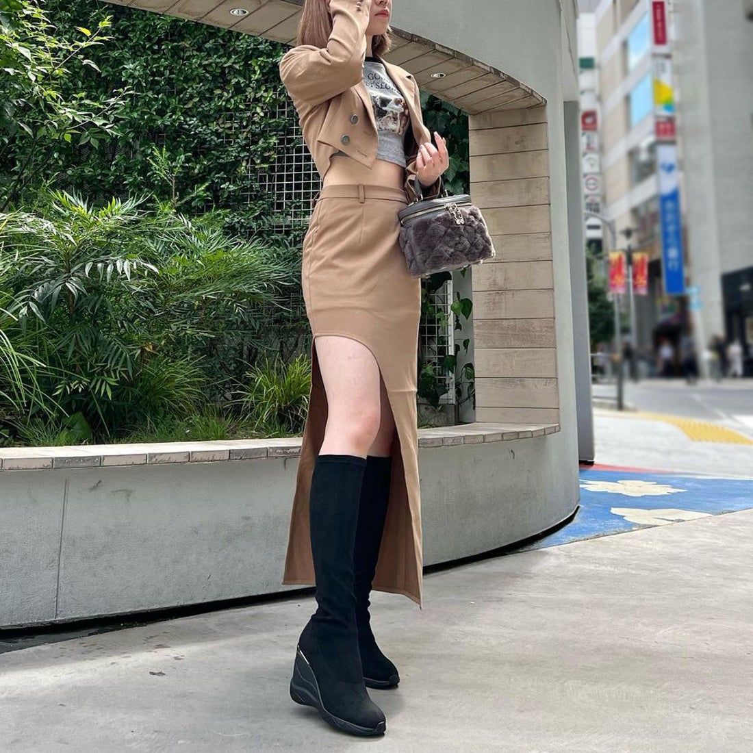 プラスダイアナ ＋diana ハイウェッジ ストレッチブーツ （黒人工