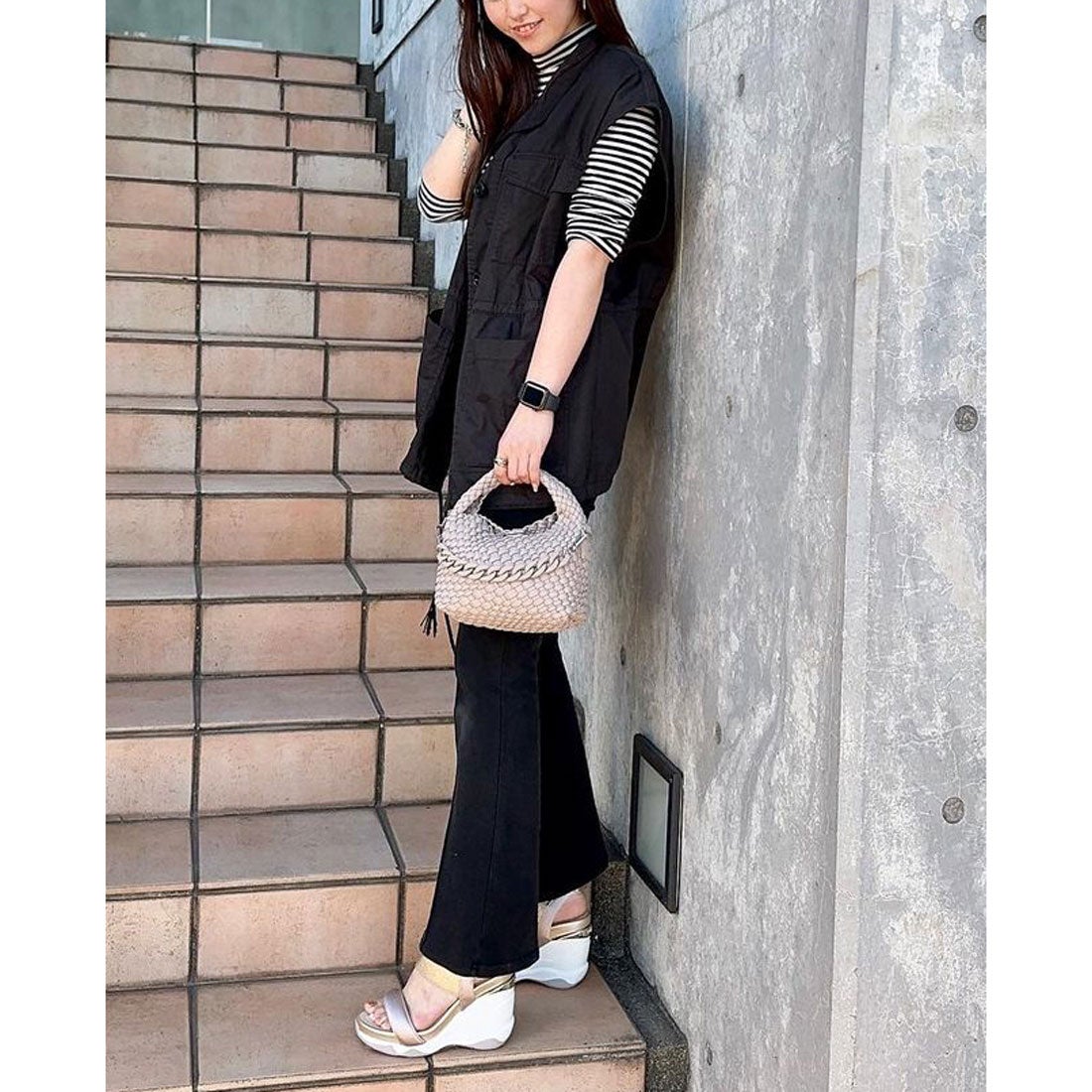 プラスダイアナ ＋diana ハイウェッジ サテン×メタリックゴムサンダル