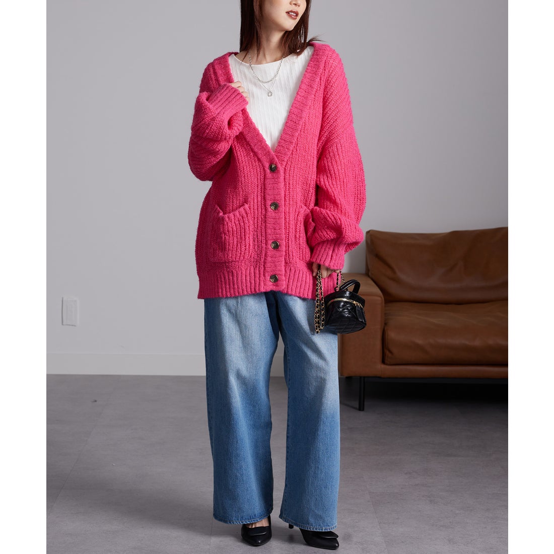 ラナン RANAN モヘアライクボリュームニットカーディガン （ピンク