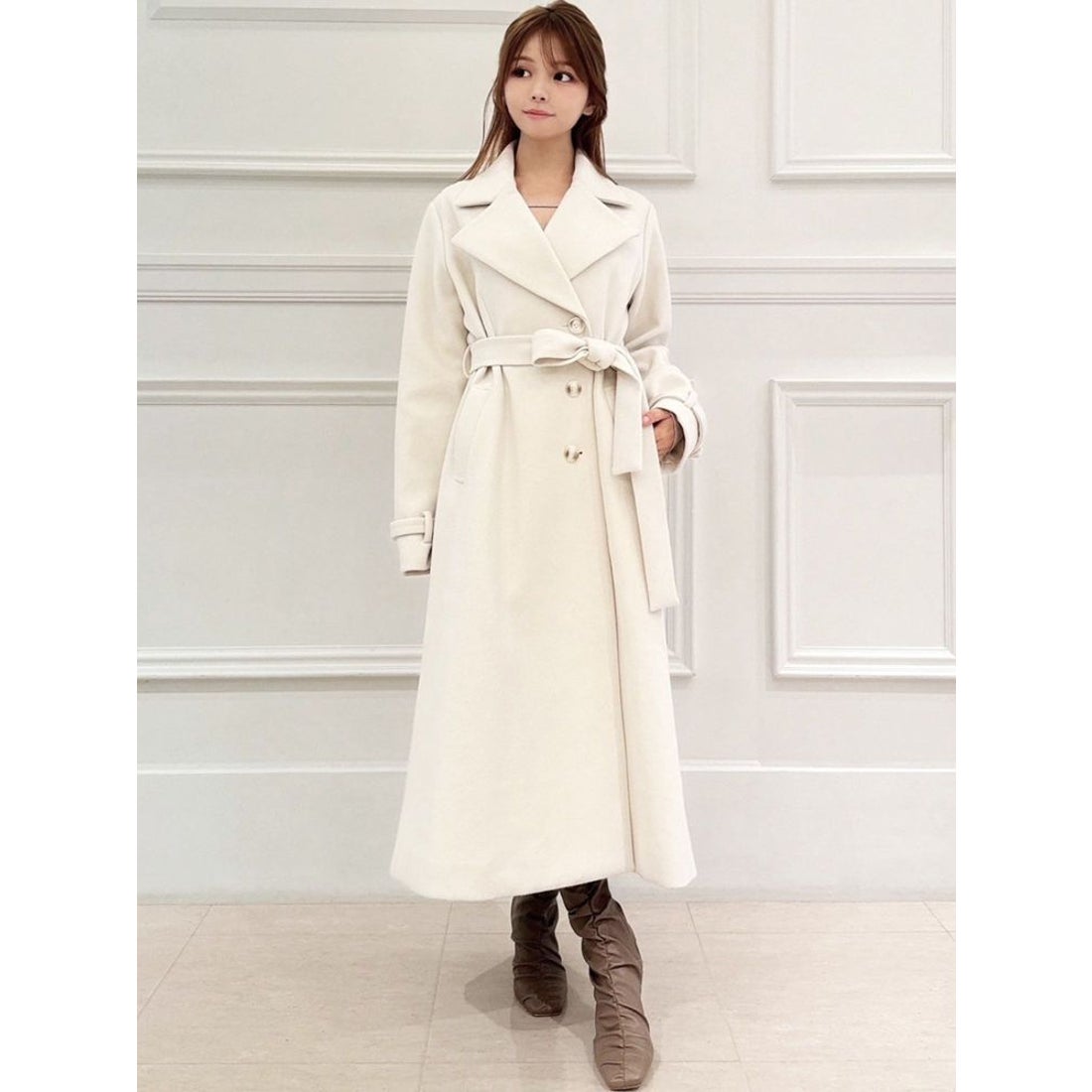 リゼクシー RESEXXY ビッグカラーロングコート （アイボリー） -靴