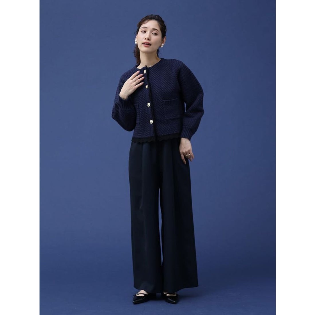 ヴァン Vin バイカラーラインニットカーディガン （ネイビー