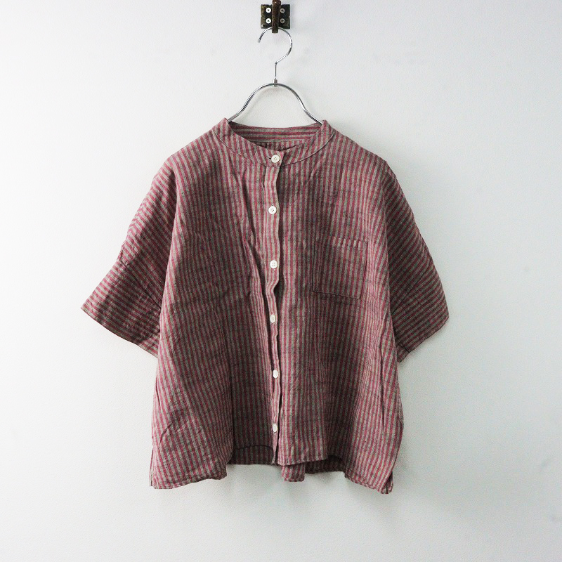 ヤンマ産業 YAMMA 会津木綿 ピンク棒縞 バンドカラーシャツ