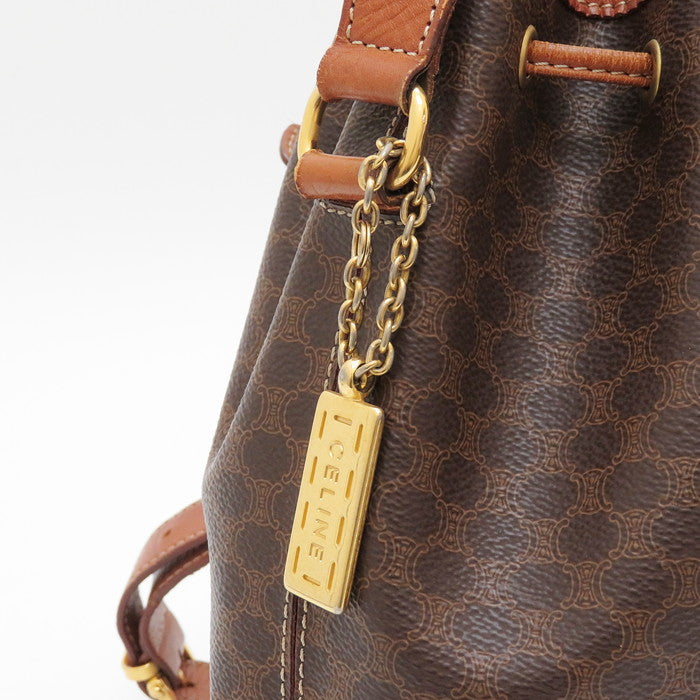 CELINE/セリーヌ】 M95 マカダム柄 巾着 ショルダーバッグ レザー 茶