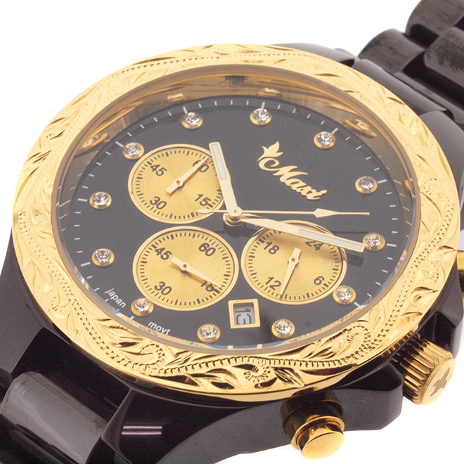 ハワイアンジュエリー/Stainless/マキシウォッチ クロノグラフ/BK/GD