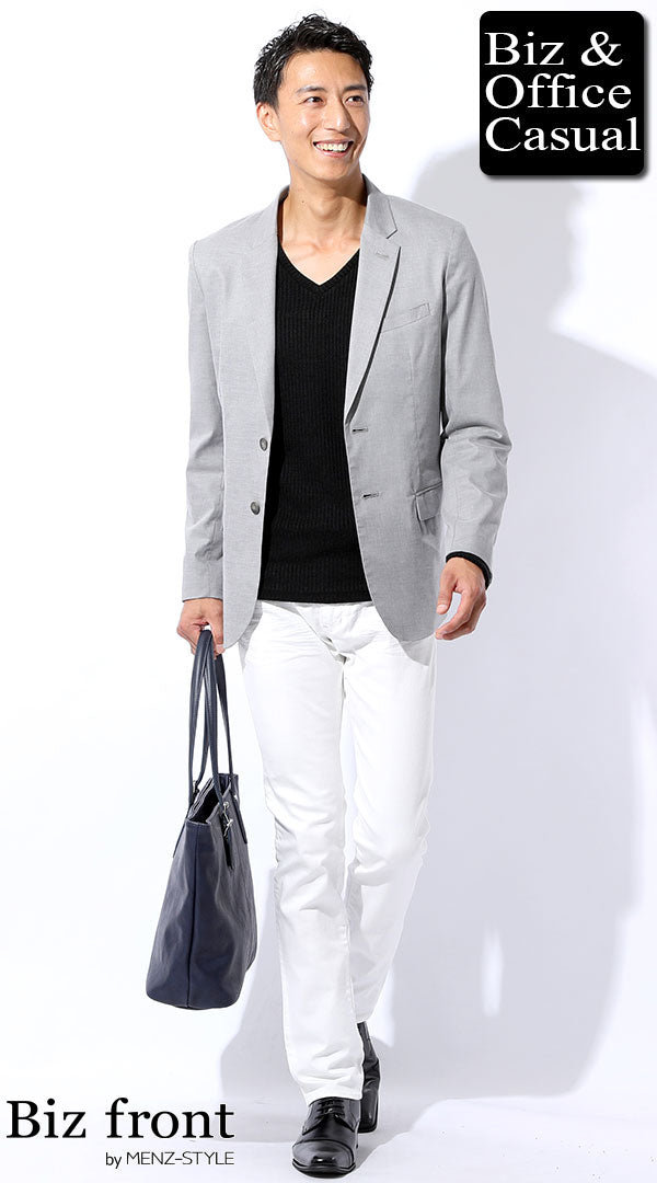 グレーテーラードジャケット×黒スリムニットソー×白パンツ biz18