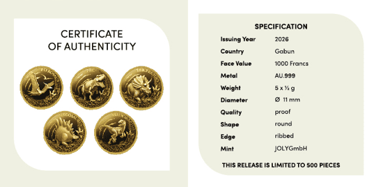 Gabon - 2026 - 5x1000 Francs - Prehistoric Big Five (5x 1/2gr gold