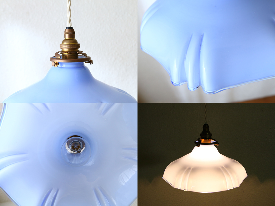 ブルーオパリン&ミルクガラス フリルペンダントランプ｜アンティーク
