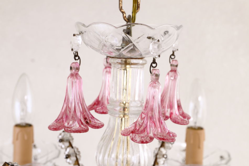 イタリアンムラーノガラス ピンククリスタルシャンデリア(5灯