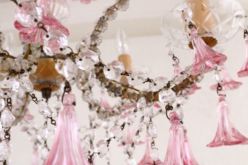 イタリアンムラーノガラス ピンククリスタルシャンデリア(5灯