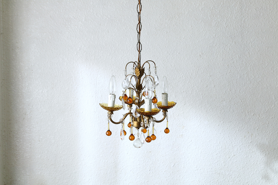 ムラーノアンバーガラス&クリアドロップ ゴールドギルトシャンデリア(4