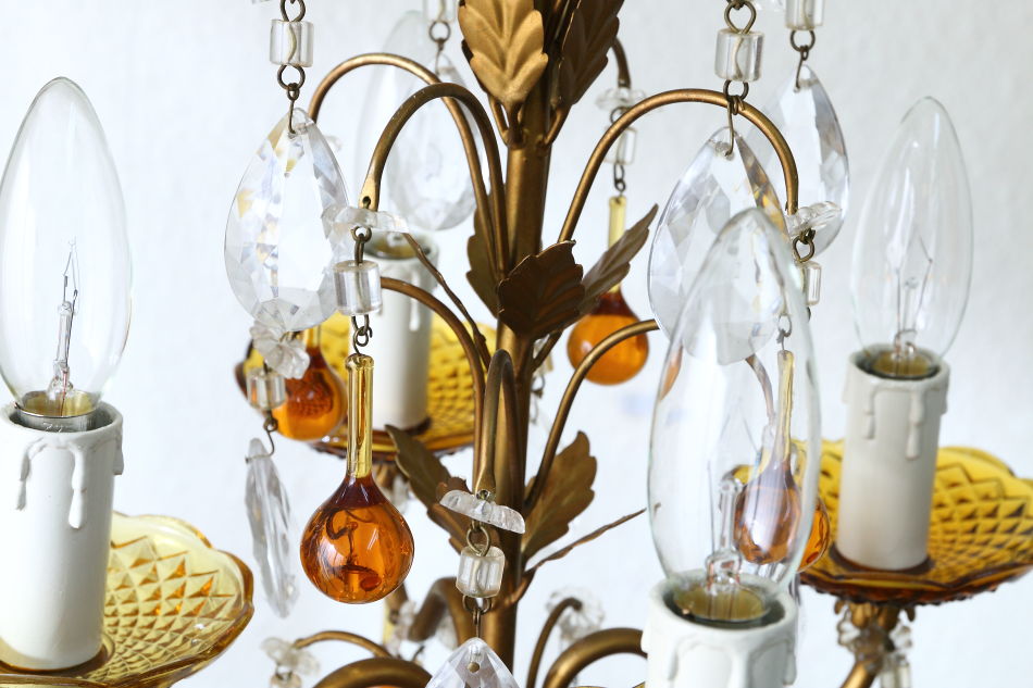 ムラーノアンバーガラス&クリアドロップ ゴールドギルトシャンデリア(4