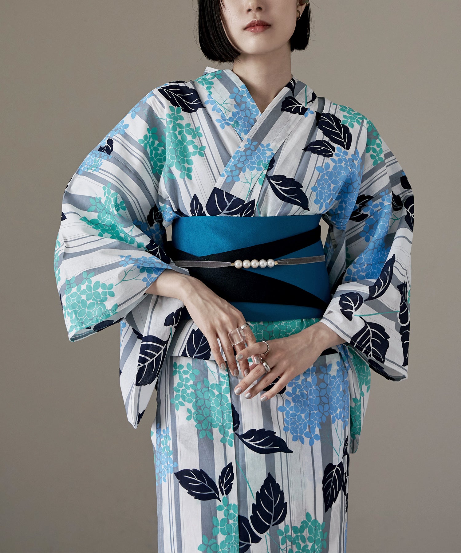 綿仕立て上がり浴衣＋半幅帯 2点セット 縦縞に紫陽花 青と緑｜浴衣