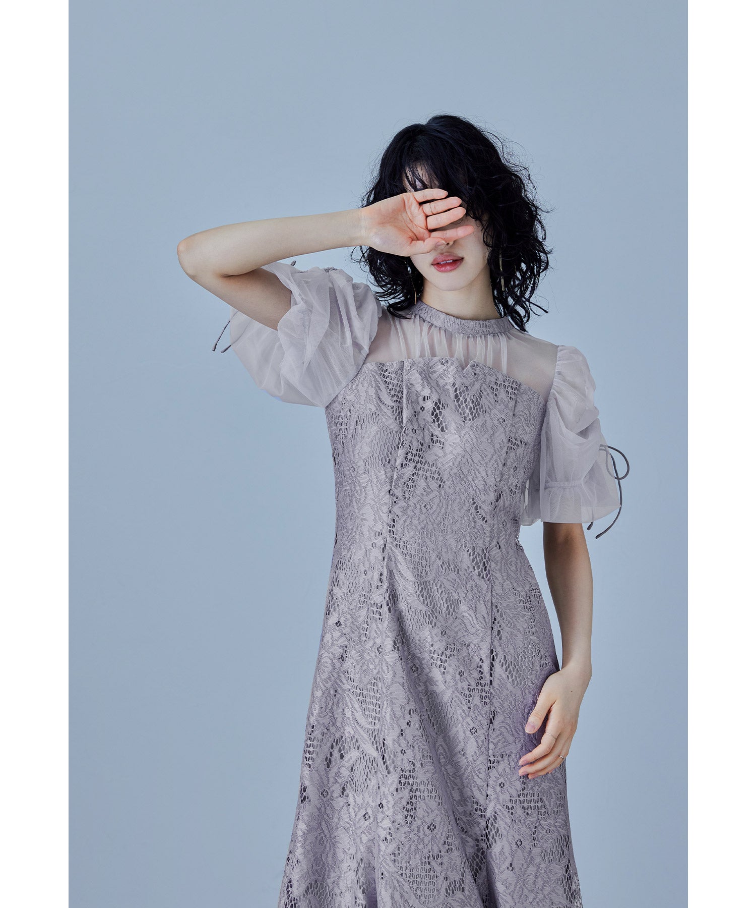 低身長用サイズあり】フラワージャガードパフスリーブマーメイドドレス