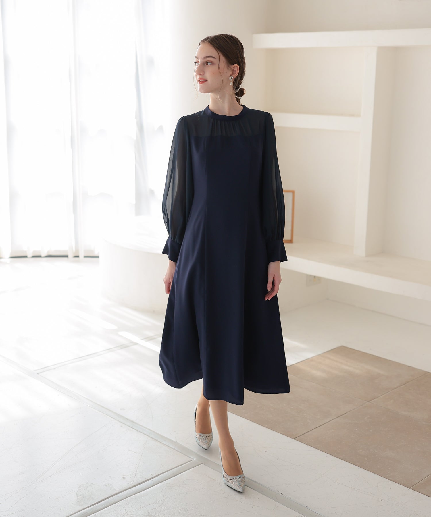 スタンド襟ヨーク切り替え異素材ドレス 結婚式 ワンピース お呼ばれ