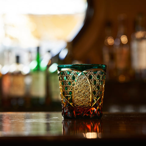 江戸切子 伝統工芸士 木村泰典 作 菊繋ぎに籠目紋 オールドグラス 琥珀