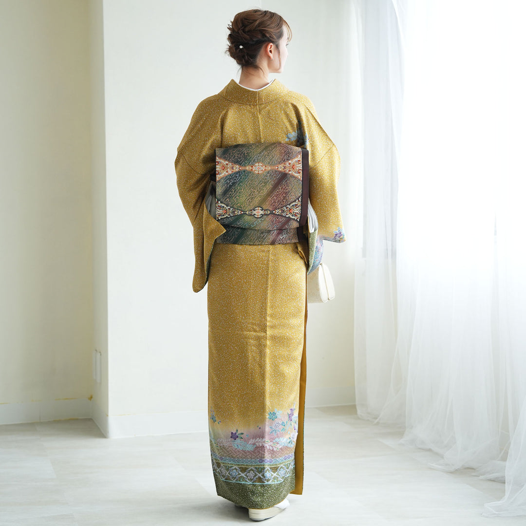 レンタル】訪問着 20点セット からし 緑 辻が花風 藤 フリーサイズ