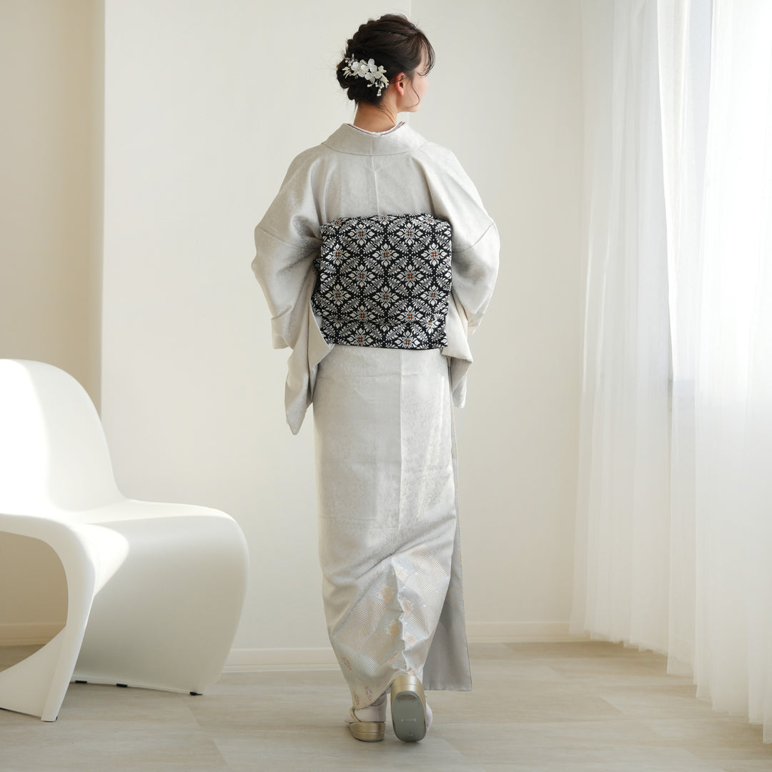 レンタル】 訪問着 20点セット ライトグレー系 西陣織帯 銀彩 梅 菊