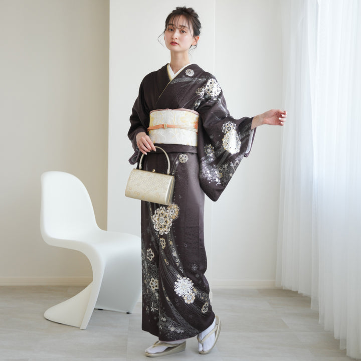 レンタル】 訪問着 20点セット 黒茶系 西陣織帯 金彩 辻が花 入学式