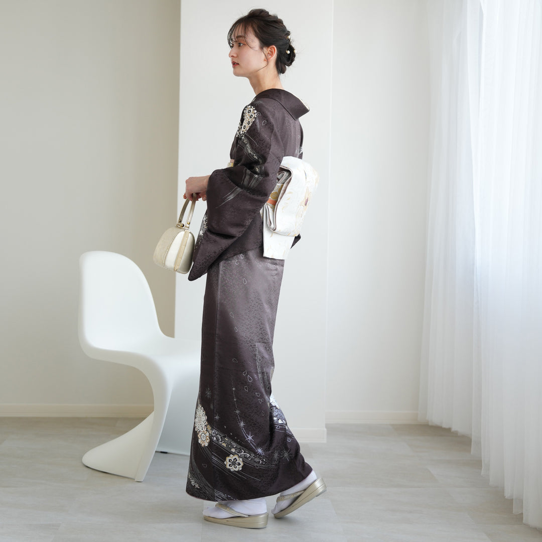 レンタル】 訪問着 20点セット 黒茶系 西陣織帯 金彩 辻が花 入学式