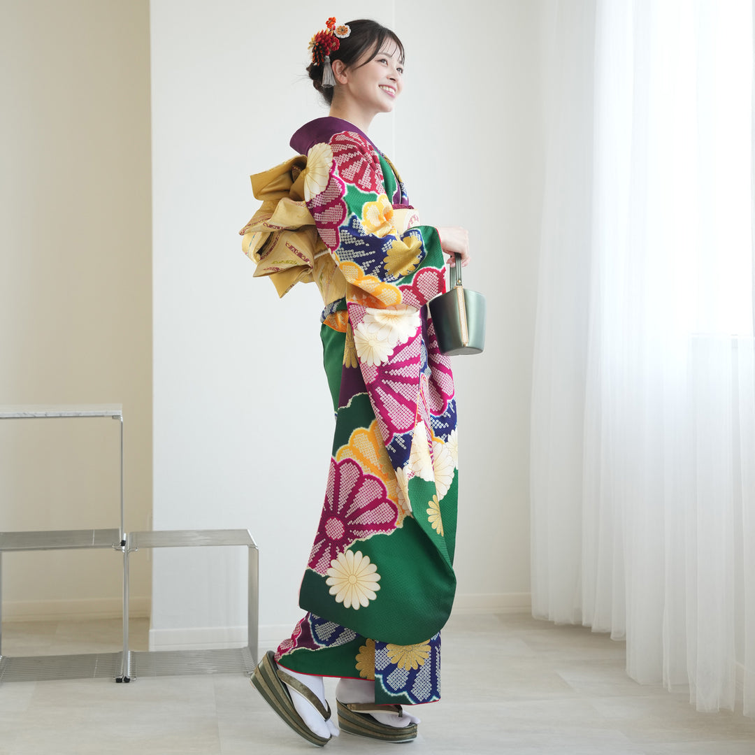レンタル】 振袖 着物セット 正絹着物+正絹袋帯 21点セット 金彩・緑と