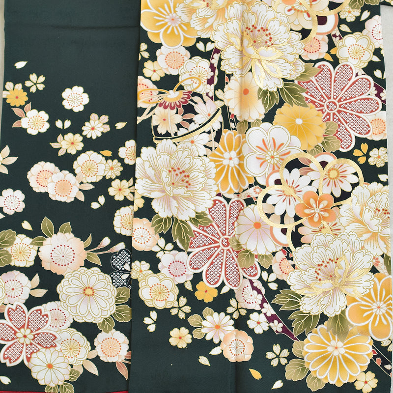 レンタル】振袖 正絹着物+袋帯 21点セット 絵羽 深緑に古典花霞