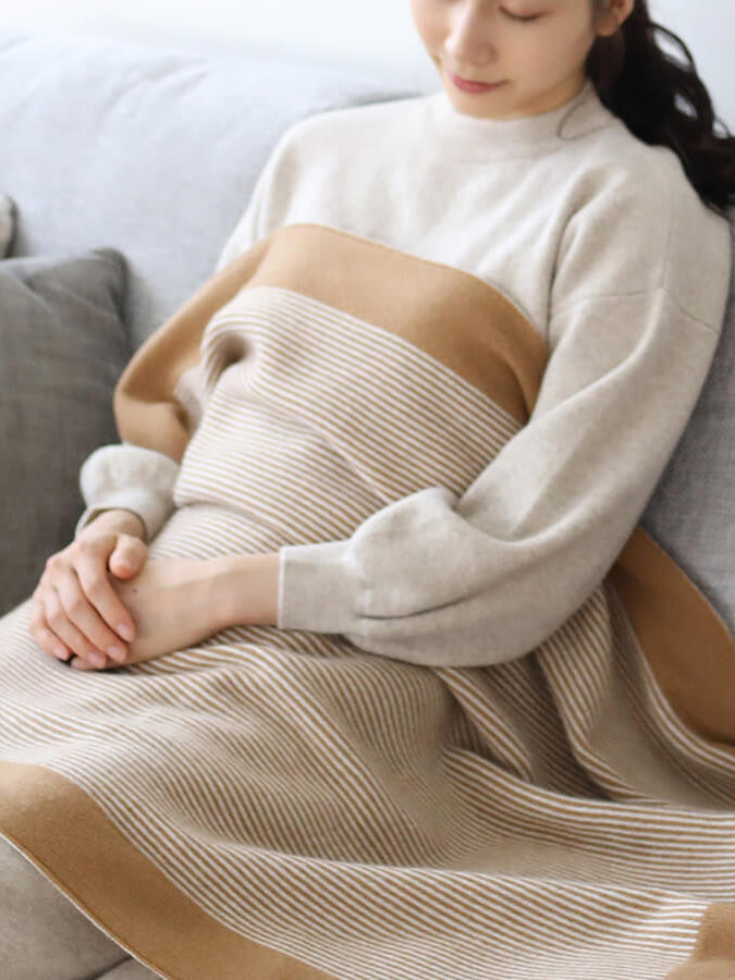 日本製】カシミヤ100% 額縁ストライプ ブランケット（120cm×76cm