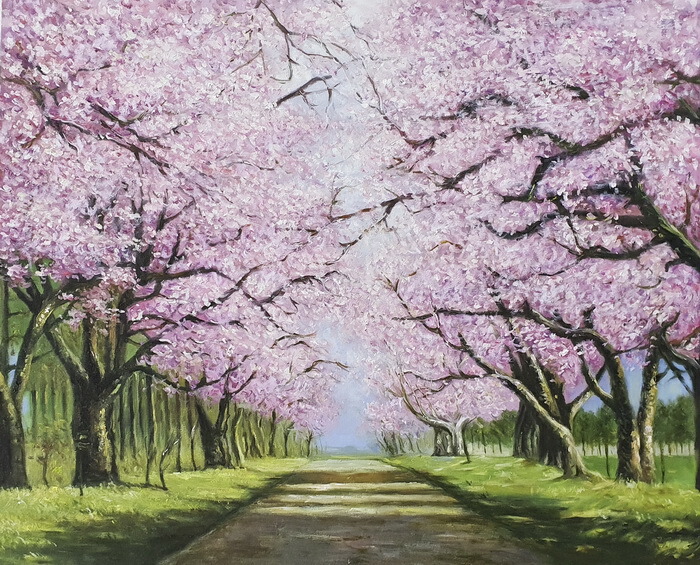 肉質油絵横F12号桜の並木