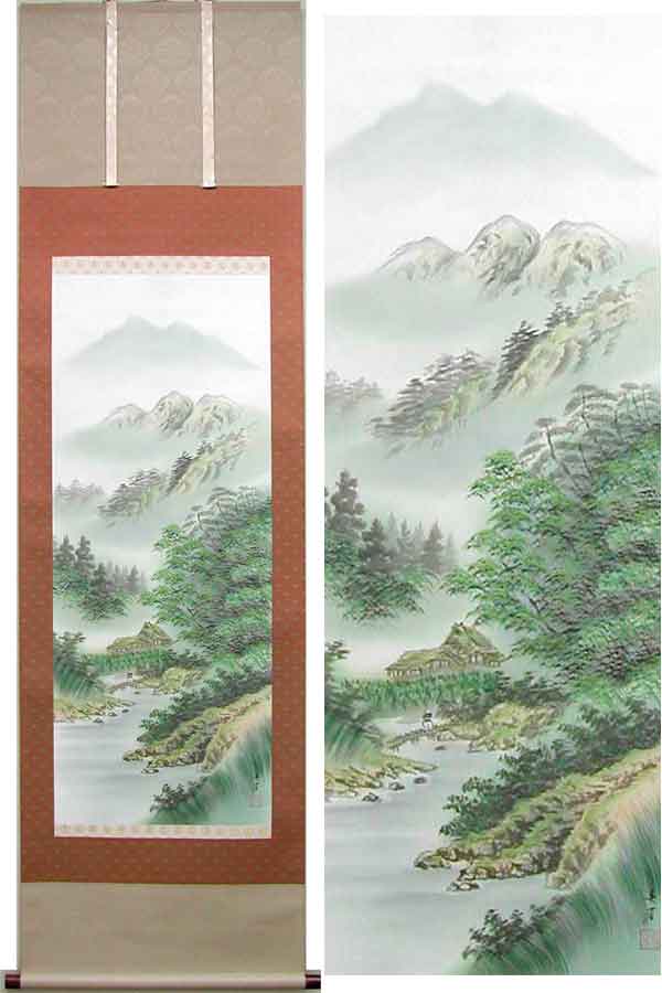 掛け軸 春堂 彩色山水 絹本 希少 軸装 茶道具 掛軸 美品 です。 掛け軸