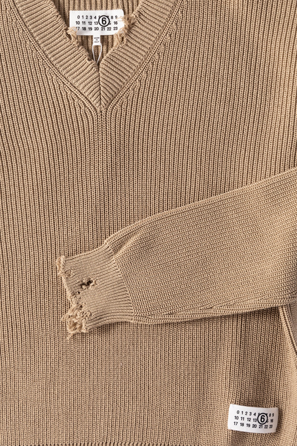 MM6 Maison Margiela Distressed Knit V-Neck Sweater | Camel | Canoe